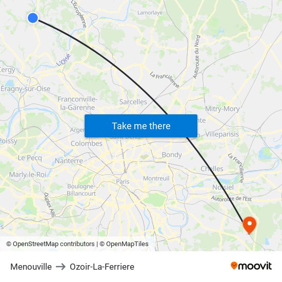 Menouville to Ozoir-La-Ferriere map