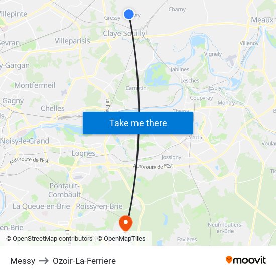 Messy to Ozoir-La-Ferriere map