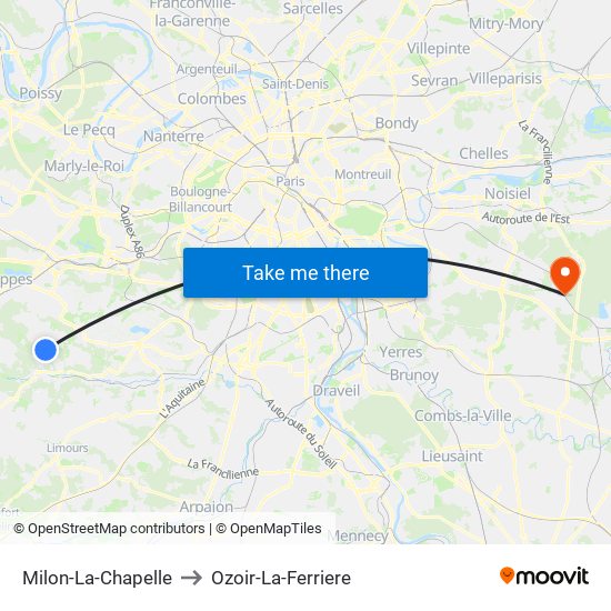 Milon-La-Chapelle to Ozoir-La-Ferriere map