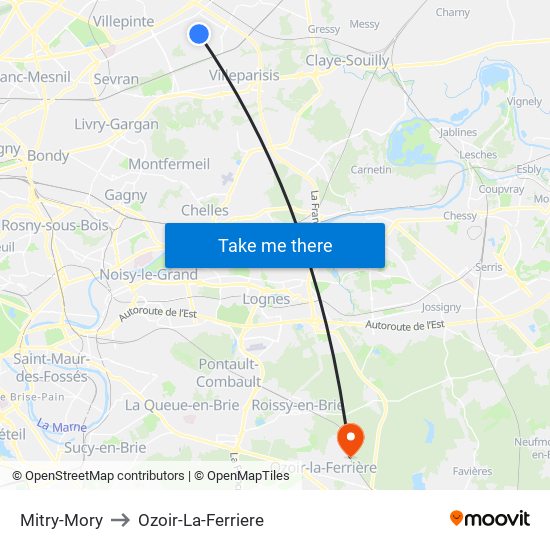 Mitry-Mory to Ozoir-La-Ferriere map