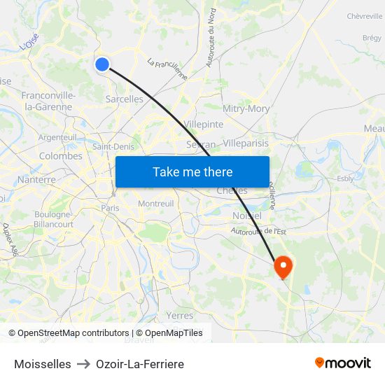 Moisselles to Ozoir-La-Ferriere map
