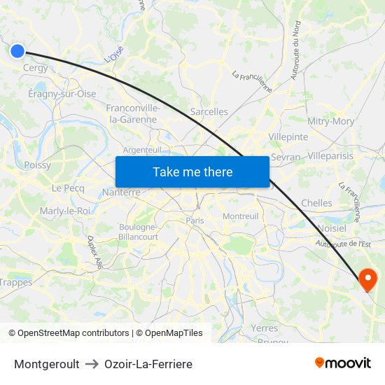 Montgeroult to Ozoir-La-Ferriere map