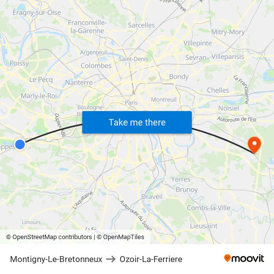Montigny-Le-Bretonneux to Ozoir-La-Ferriere map