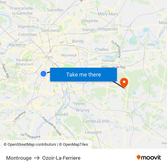 Montrouge to Ozoir-La-Ferriere map