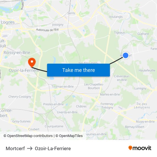 Mortcerf to Ozoir-La-Ferriere map