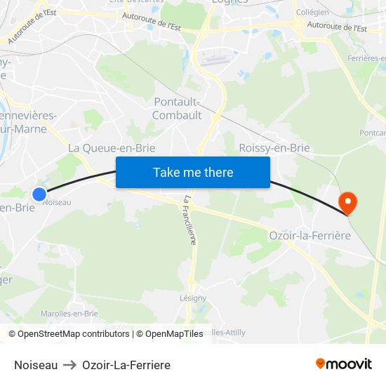 Noiseau to Ozoir-La-Ferriere map