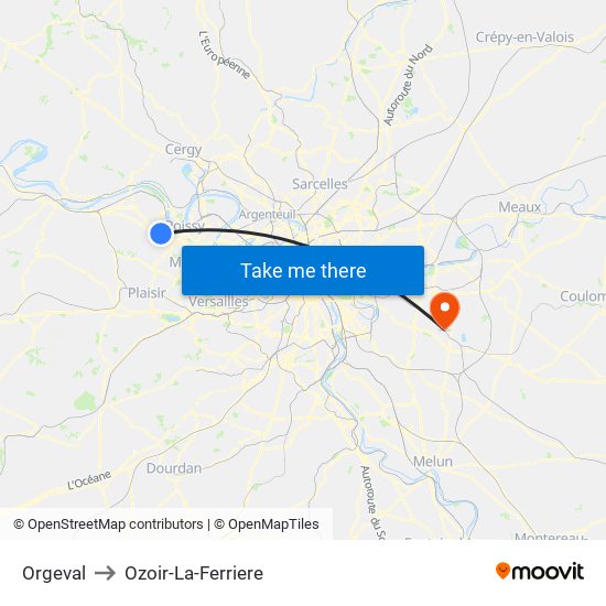 Orgeval to Ozoir-La-Ferriere map