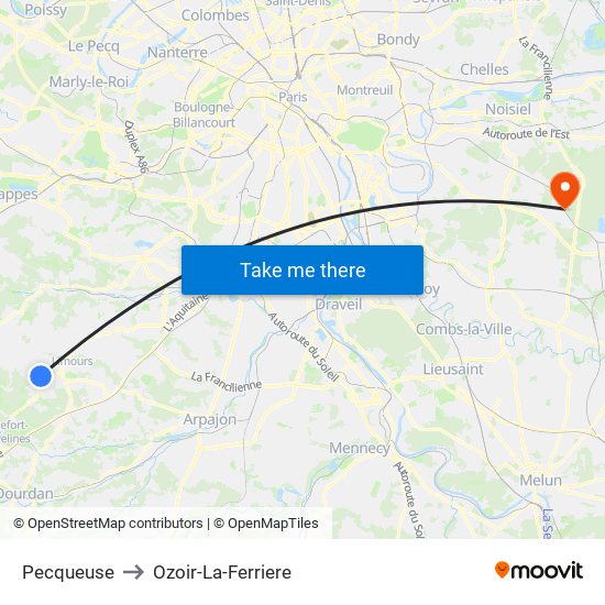 Pecqueuse to Ozoir-La-Ferriere map