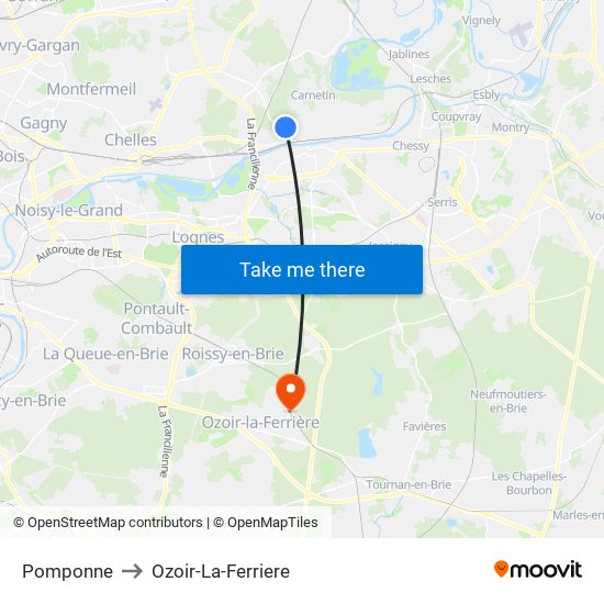 Pomponne to Ozoir-La-Ferriere map