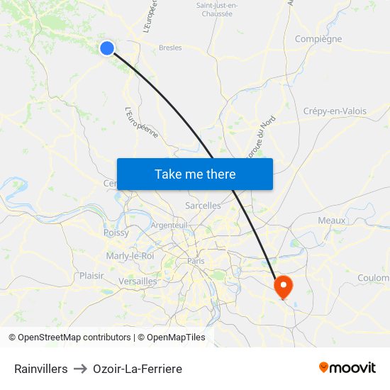 Rainvillers to Ozoir-La-Ferriere map