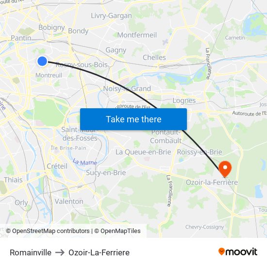 Romainville to Ozoir-La-Ferriere map