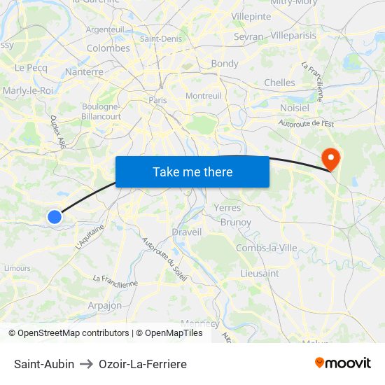 Saint-Aubin to Ozoir-La-Ferriere map