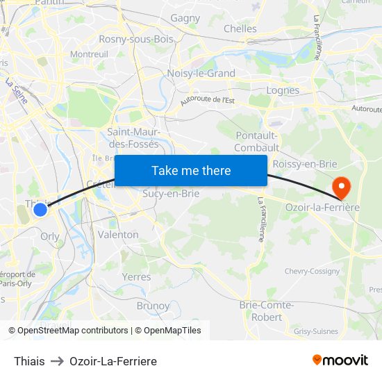 Thiais to Ozoir-La-Ferriere map