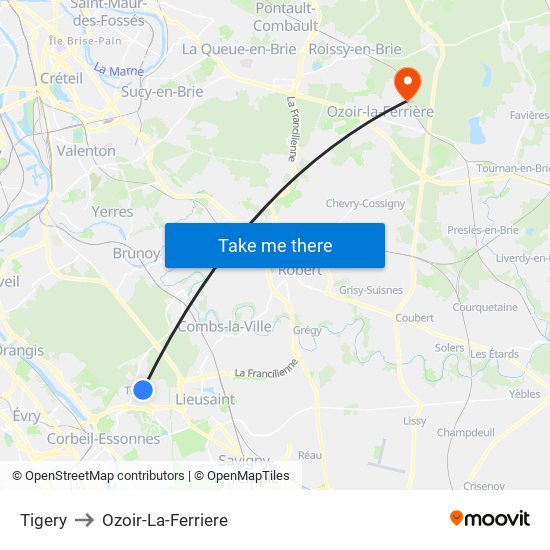 Tigery to Ozoir-La-Ferriere map