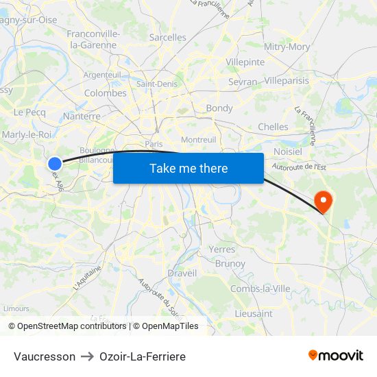 Vaucresson to Ozoir-La-Ferriere map