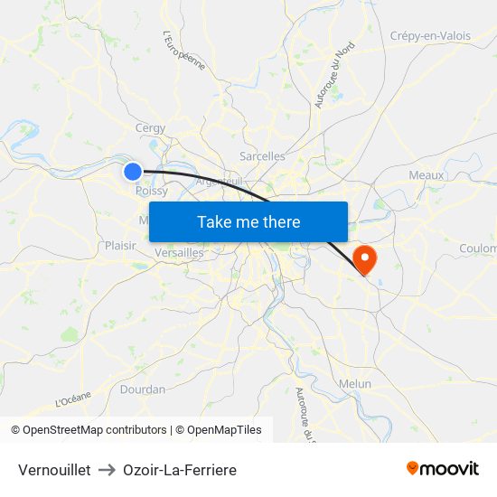 Vernouillet to Ozoir-La-Ferriere map