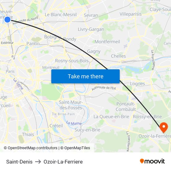 Saint-Denis to Ozoir-La-Ferriere map