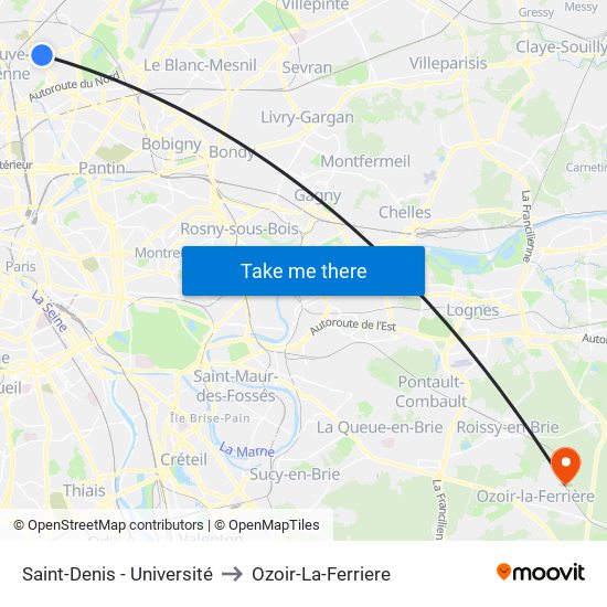 Saint-Denis - Université to Ozoir-La-Ferriere map
