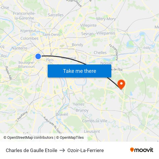 Charles de Gaulle Etoile to Ozoir-La-Ferriere map