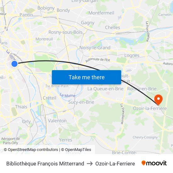 Bibliothèque François Mitterrand to Ozoir-La-Ferriere map