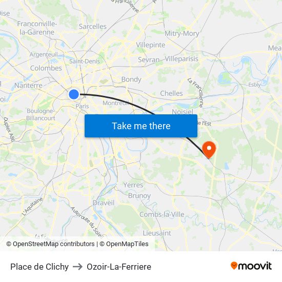 Place de Clichy to Ozoir-La-Ferriere map