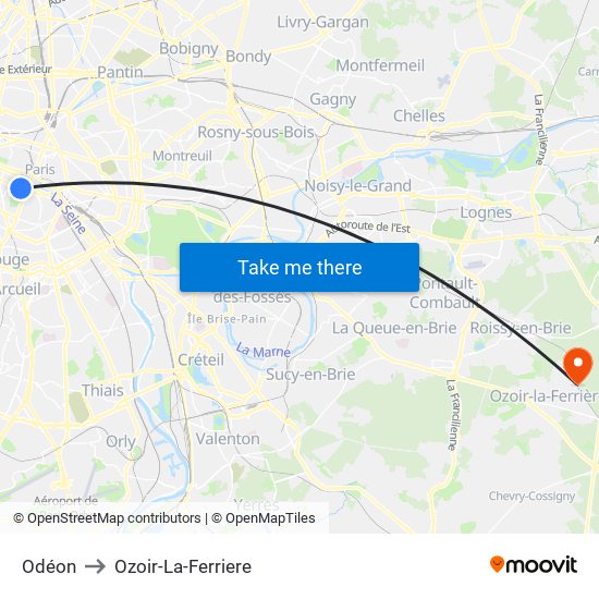 Odéon to Ozoir-La-Ferriere map