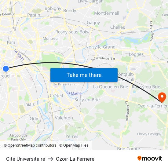 Cité Universitaire to Ozoir-La-Ferriere map