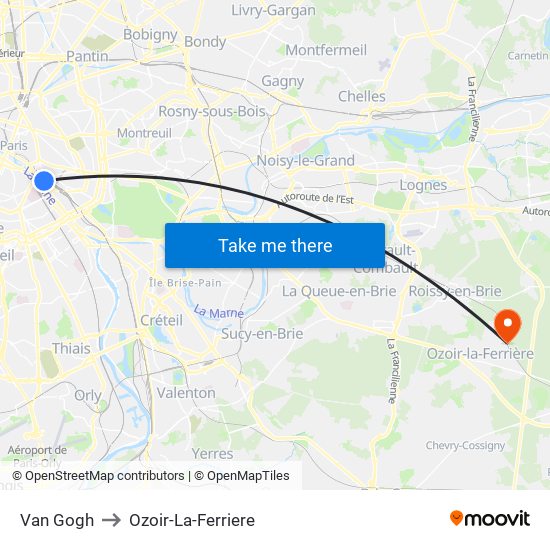 Van Gogh to Ozoir-La-Ferriere map