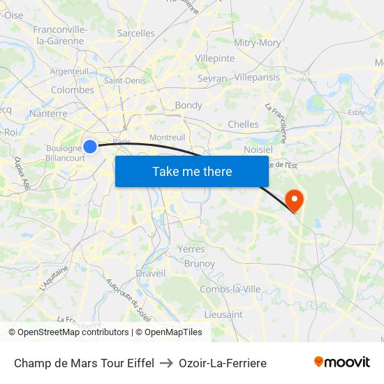 Champ de Mars Tour Eiffel to Ozoir-La-Ferriere map