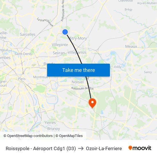 Roissypole - Aéroport Cdg1 (D3) to Ozoir-La-Ferriere map