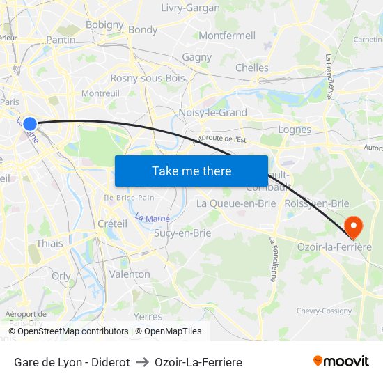 Gare de Lyon - Diderot to Ozoir-La-Ferriere map