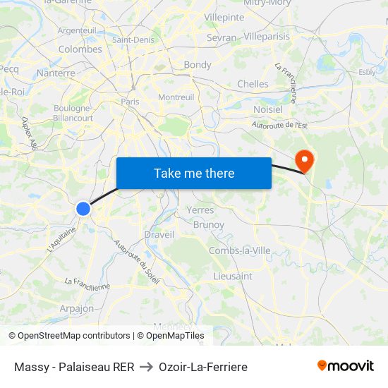 Massy - Palaiseau RER to Ozoir-La-Ferriere map
