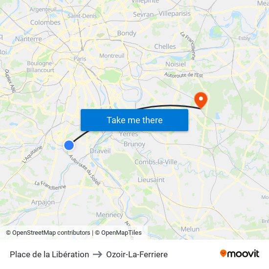 Place de la Libération to Ozoir-La-Ferriere map