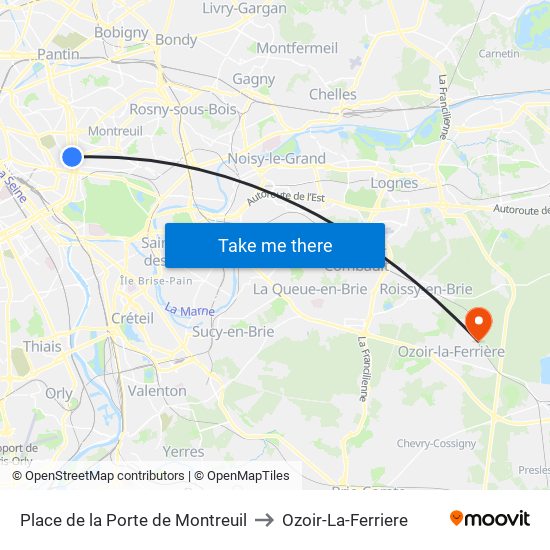 Place de la Porte de Montreuil to Ozoir-La-Ferriere map