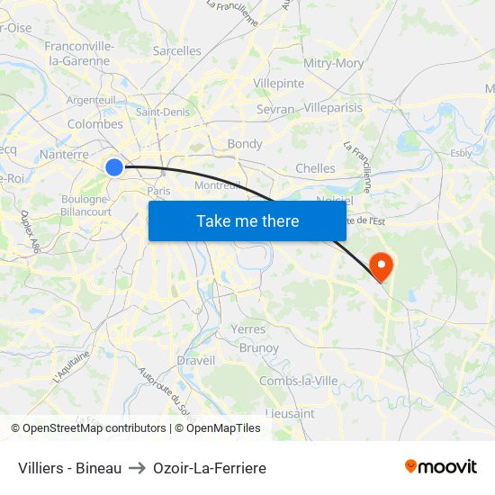 Villiers - Bineau to Ozoir-La-Ferriere map