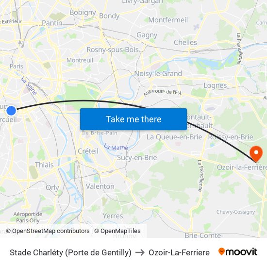 Stade Charléty (Porte de Gentilly) to Ozoir-La-Ferriere map
