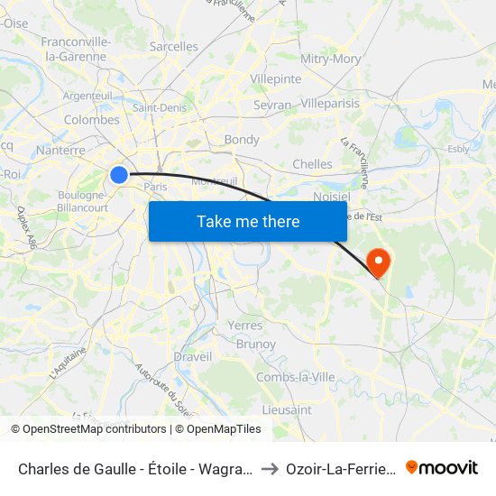 Charles de Gaulle - Étoile - Wagram to Ozoir-La-Ferriere map