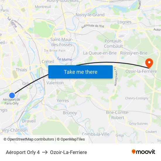 Aéroport Orly 4 to Ozoir-La-Ferriere map