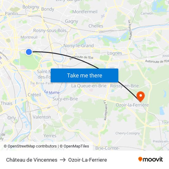 Château de Vincennes to Ozoir-La-Ferriere map