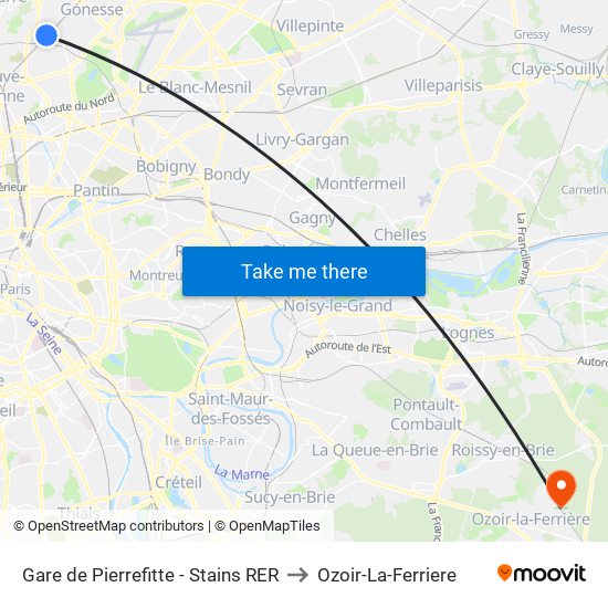 Gare de Pierrefitte - Stains RER to Ozoir-La-Ferriere map