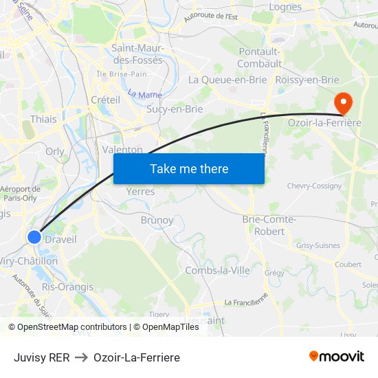 Juvisy RER to Ozoir-La-Ferriere map