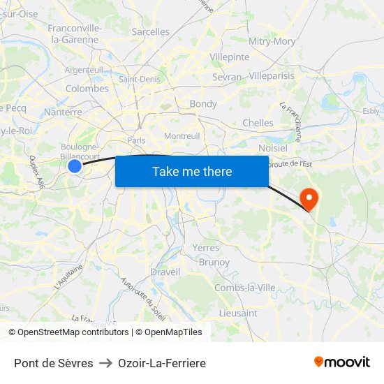 Pont de Sèvres to Ozoir-La-Ferriere map