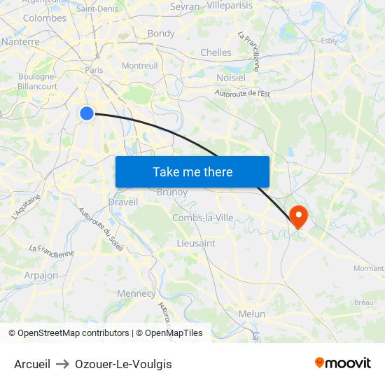 Arcueil to Ozouer-Le-Voulgis map