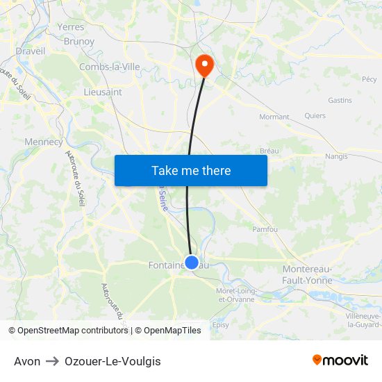 Avon to Ozouer-Le-Voulgis map