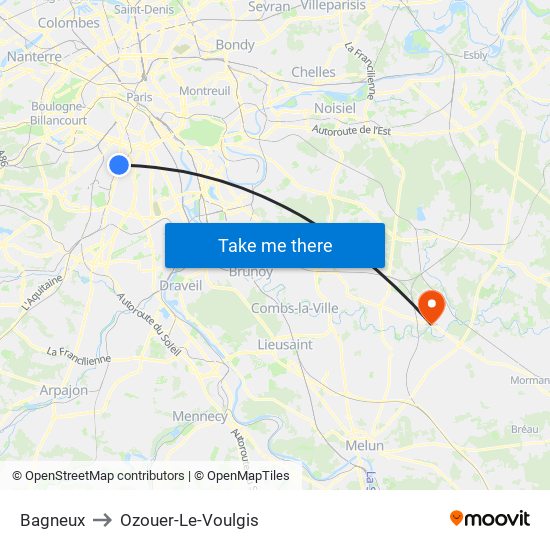 Bagneux to Ozouer-Le-Voulgis map
