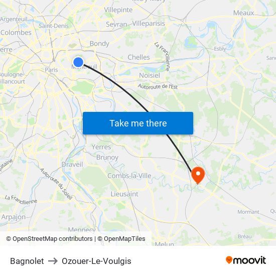 Bagnolet to Ozouer-Le-Voulgis map