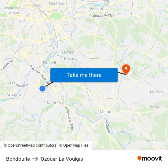 Bondoufle to Ozouer-Le-Voulgis map