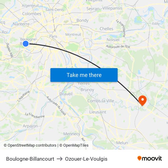 Boulogne-Billancourt to Ozouer-Le-Voulgis map