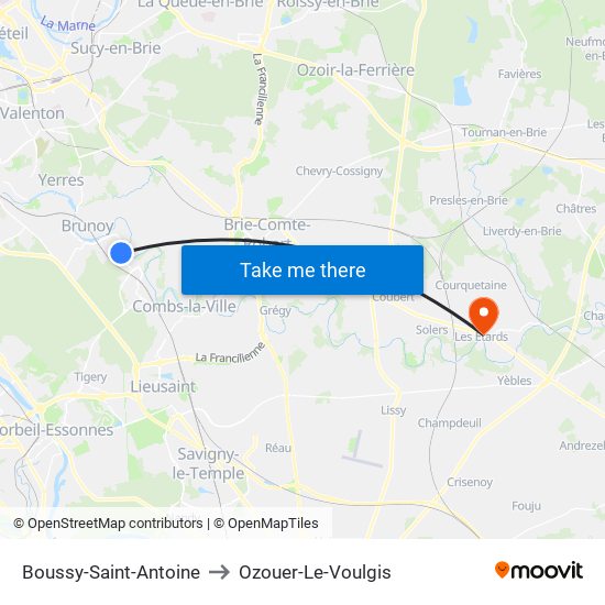 Boussy-Saint-Antoine to Ozouer-Le-Voulgis map