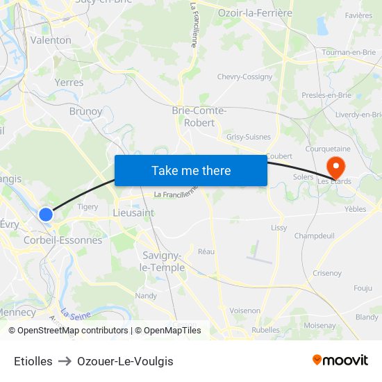 Etiolles to Ozouer-Le-Voulgis map